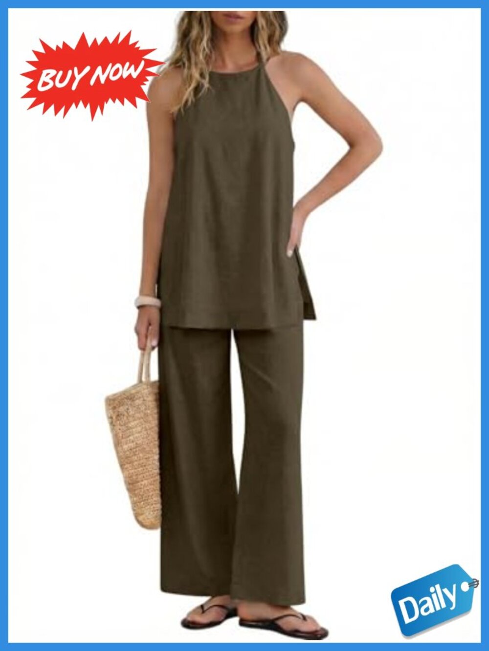 Linen Blend 2 Piece Set Halter Top Wide Leg Pants Summer Outfit